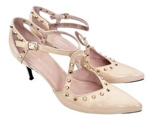 Stuart Wetizman Meteor Beige Patent Leather Studded Pumps Sz 10.5